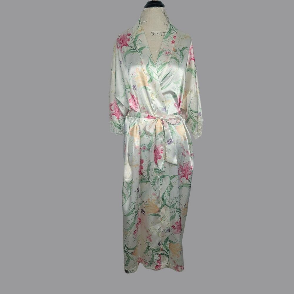 Vintage Inner Most Satin Robe Medium White Kimono Mid Length Belt